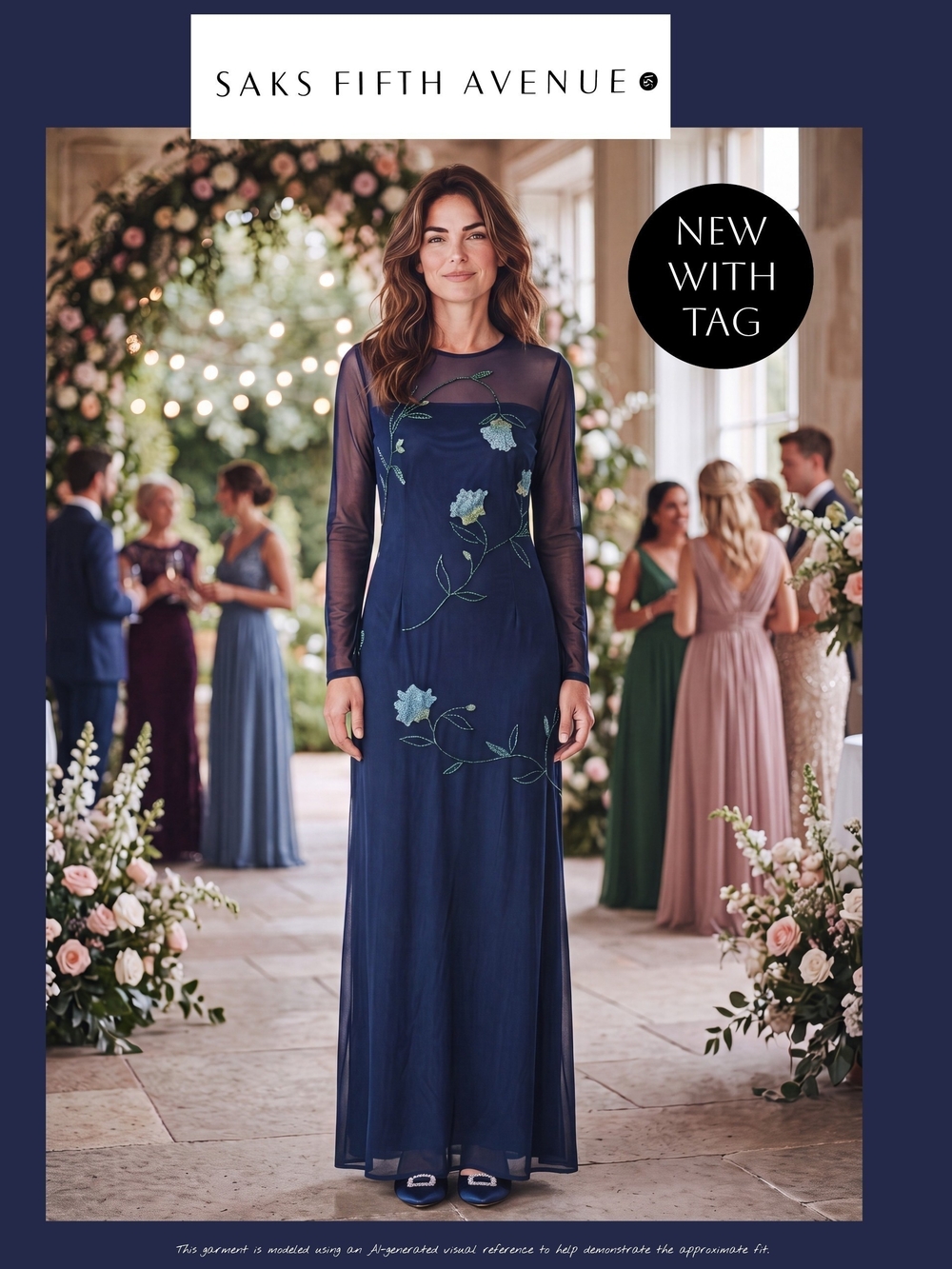 NWT Rimini by Shaw Size 12 Floral Beaded Illusion Navy Black Maxi Evening Gown
